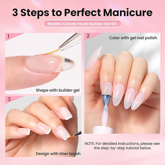 Beetles Builder Gel for Nails & Milky Pink Gel Nail Polish, 8 in 1 Clear Builder for Nail Apex, Strengthening,Crack Repair & Extension,Beginner-Friendly DIY UV Nail at Home,with Nail Art Brush