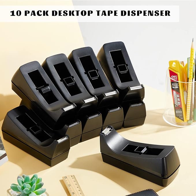 10 Pack Desktop Tape Dispensers Non Slip Base Bulk Set,Black | Stable Weighted Bottom Prevents Sliding, Fits Standard Rolls, Ideal for Office Home Classroom Desk, Refills Not Included