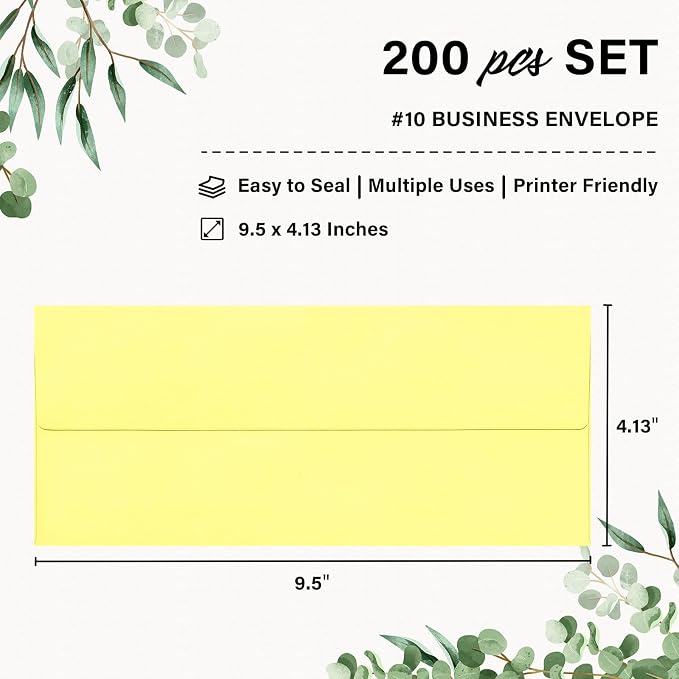 200 Pack #10 Yellow Envelopes Letter Size Self Seal Business Envelopes | Security Mailing Envelopes, 4 1/8 x 9 1/2 Inches