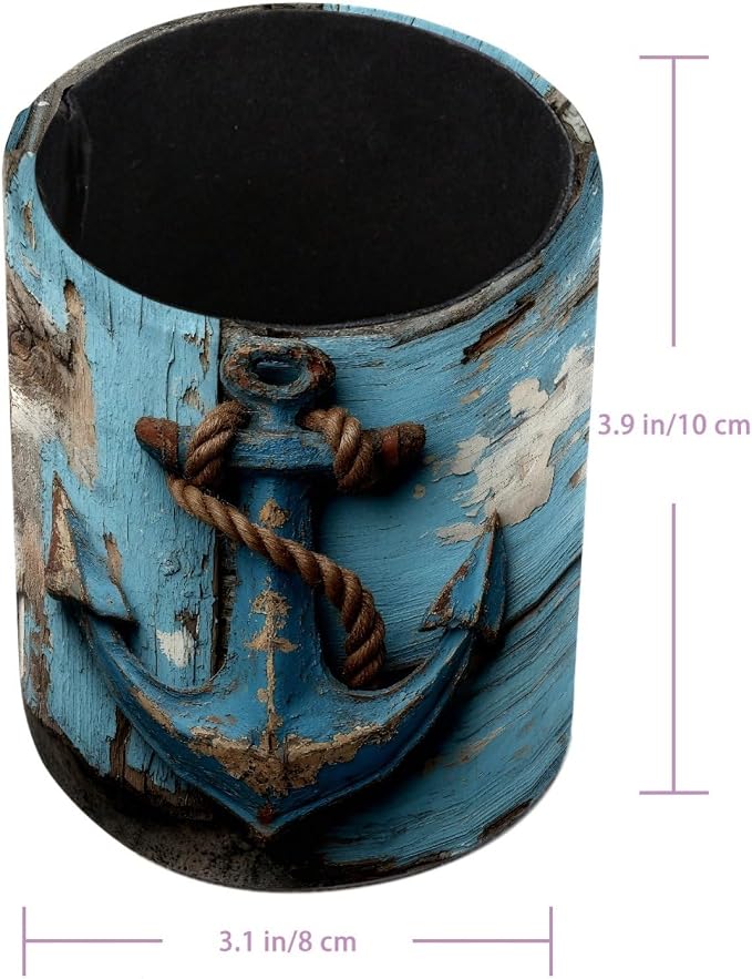 Leather Pen Holder for Desk, Retro Anchor Pencil Cup Pen Organizer Makeup Brush Holder for Office Home Kids Countertop Desk Accessory Storage