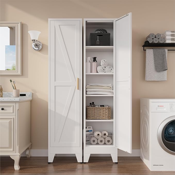 COFaR Tall Bathroom Storage Cabinet, Metal Farmhouse Narrow Slim Cabinet with Adjustable Shelves Barn Door for Bathrooms, Kitchens, Entrances Living Room (White)