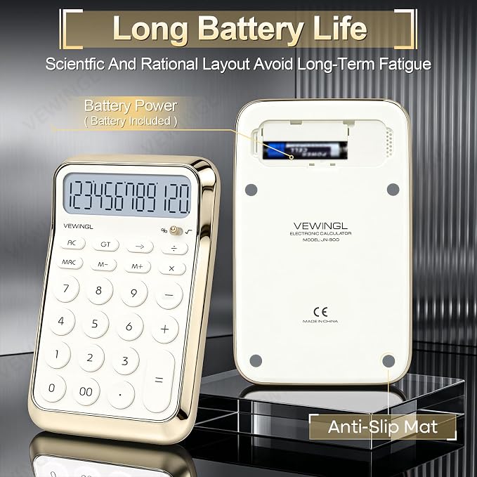 VEWINGL Desktop Calculator, 12 Digit HD Display with% Key | Metallic Vacuum-Plated Surface, Great for Office, School, or Home (Electroplated White, Non-Voice)