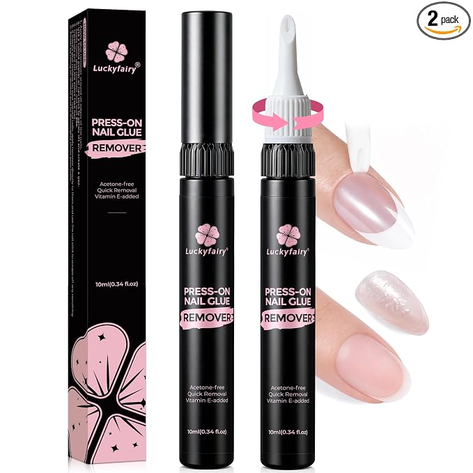 Luckyfairy Nail Glue Remover Pen 10ml*2Pcs | Tool-Free Press on Nail Glue Remover, Easy Removal Fasle Fake Nails Tips Design, Non Acetone Gentle Formula