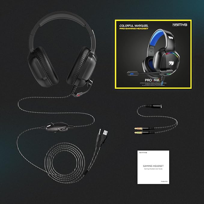 Gaming Headset with Microphone for Pc, Xbox One Series X/s, Ps4, Ps5, Switch, Stereo Wired Noise Cancelling Over-Ear Headphones with Mic, RGB, for Computer, Laptop, Mac, Nintendo (Black)