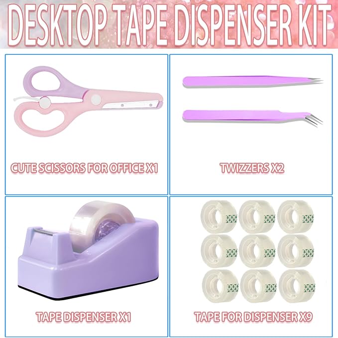 Desktop Tape Dispenser Kits with Weighted Nonskid Base Tape Dispenser- Includes 9 Rolls of Transparent Tape(0.71 Inch x 500 inches Each) & Pink Scissors, 2 Pcs Tweezers (Purple)