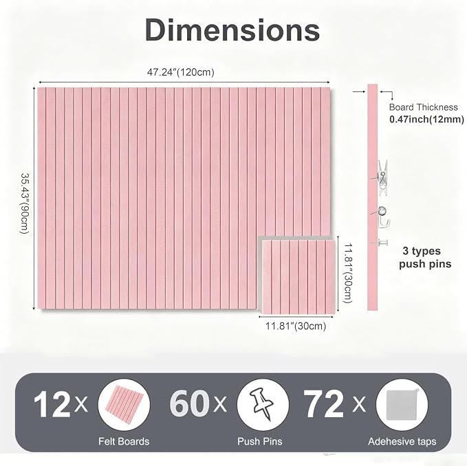 0.47" Thick Felt Pin Board 48"x36" Large Cork Board Alternative 12 Pack 11.81"x11.81"Felt Bulletin Board Wall Tiles Notice Board with 60 Pushpins for Home Office School(Fine-Coral Pink)