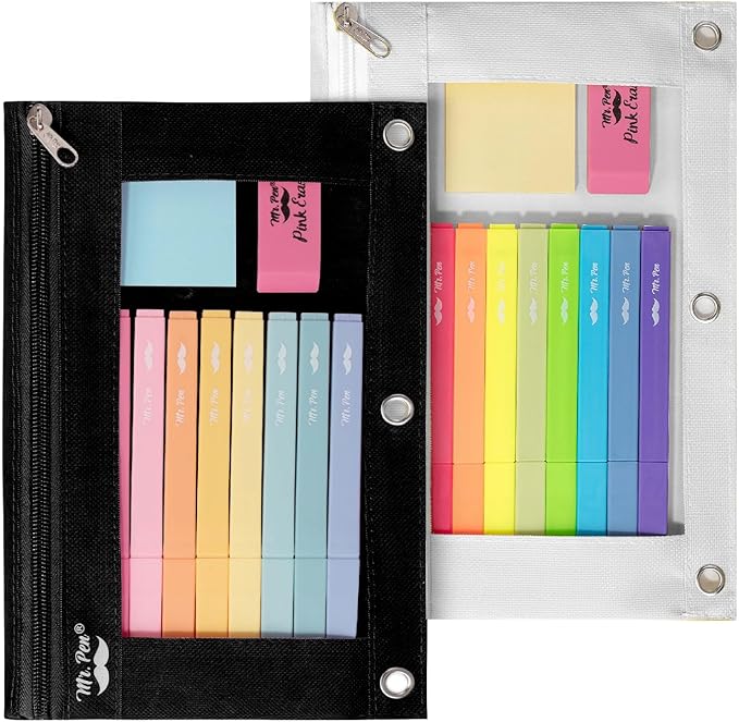 Mr. Pen- Pencil Pouch for 3 Ring Binder, 2 Pack, 10"x6.75", Smooth Zipper | Clear Window, Large Capacity Pencil Case with 3 Reinforced Grommets for School, Office, Supplies Storage | Clear Window, Large Capacity Pencil Case with 3 Reinforced Grommets f...