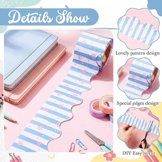 32.8 Ft Blue Stripes Bulletin Board Borders Scalloped Trim | Blue Borders with Pink Hearts and Dots Decoration, Classroom Decor, Scalloped Edge for Office Party Fiesta
