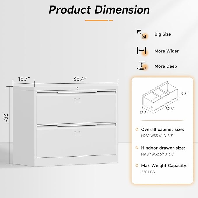 Bestoo 2 Drawer File Cabinet, Metal Lateral Filing Cabinet with Lock | Lockable Drawers, Large Storage Capacity, Heavy Duty Build, Smooth & Quiet Slides, Suitable for Letter/Legal/F4/A4 Size