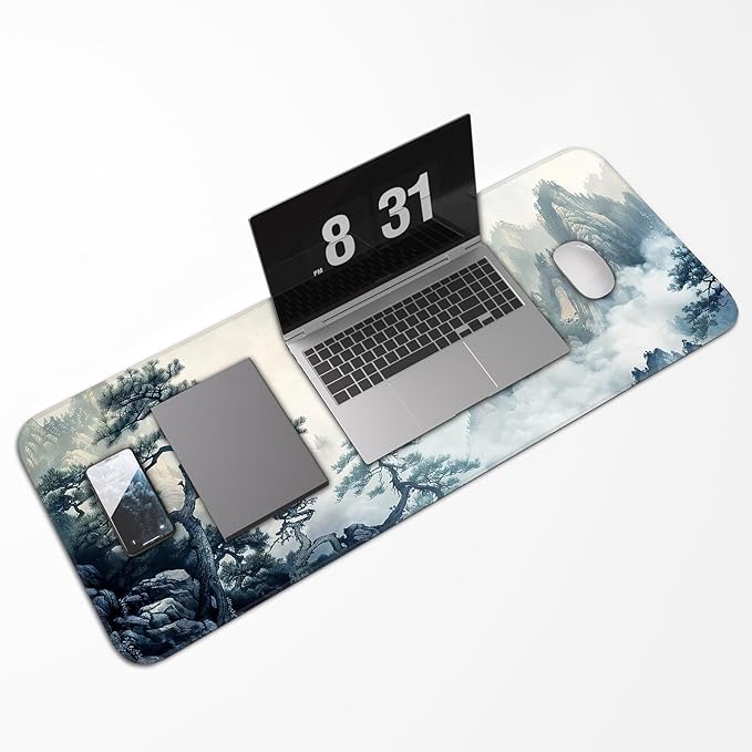Gaming Mouse Pad, Non-Slip Rubber Base, Enlarged Mouse Pad with Stitching for Gaming, Office and Home, 31.5x11.8 Inch, Mountain Ink Painting