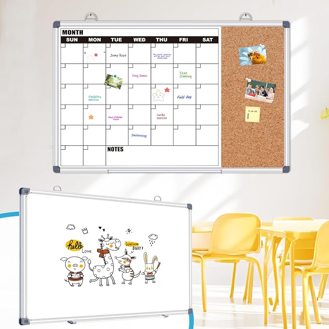 Calendar Whiteboard for Wall, 36" x 24" Double Sided Monthly Dry Erase Board Calendar for Office, Home, School, Hanging Cork Board White Board Combo, Portable Magnetic Dry Erase Planner Board