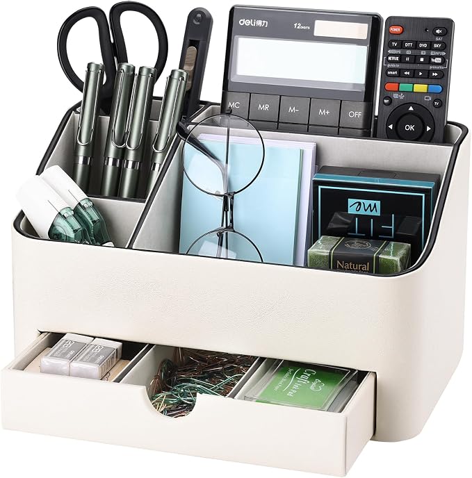 PU Leather Desk Organizer with Drawer, 5 Compartments Desktop Storage Caddy for Office Home Supplies, Pen Holder for Remote Control, Phone & Accessories, Mail Organizer Countertop Ivory White