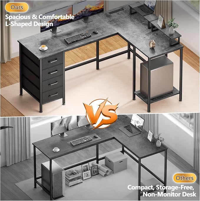 Korfile 59 inch L Shaped Computer Desk with Power Outlets, Home Office Desk with 4 Adjustable Storage Drawers & 2 Monitor Stands, Two Person Gaming Table for Bedroom, Grey