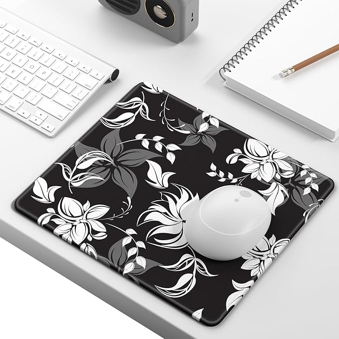 Mouse Pad, Minimalism Marble Style Computer Pad, Anti-Slip Rubber Mouse Mat with Stitched Edges for Gaming, Office, Laptop, PC, Women, 9" x 8" Thick 3 mm, Black Flower