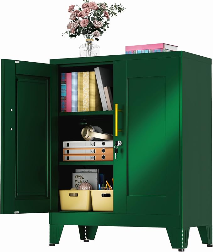 GAIOUS 36" Tall Metal Storage Cabinet with Lock, File Cabinet with 2 Doors and 2 Adjustable Shelves, Green Bathroom Floor Storage Cabinets, Freestanding Small Locked Cabinets for Home/Office/Garage
