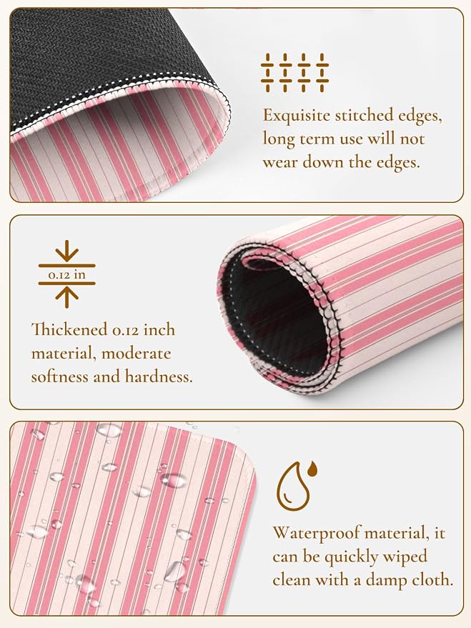 Square Cute Striped Mouse Pad with Stitched Edge, Premium Waterproof Cloth Aesthetic Small Stripe Mouse Mat, Non-Slip Rubber Base Funny Mousepad Desk Accessories,Striped Light Pink