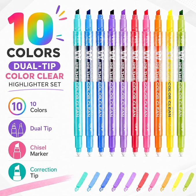 YOOUSOO Erasable Highlighters, Erasable Highlighter Assorted Colors | Dual Tip Pastel Bible Highlighters No Bleed, Color Tip & Eraser Tip Highlighter Markers for Bibles Journaling School Supplies