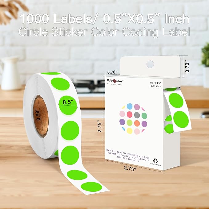 PARLAIM 1/2 Inch Circle Sticker Labels,1000 Stickers Round Color Coding Circle Dots Stickers,Roll Dot Stickers Label for Office Home Office (Light Green)
