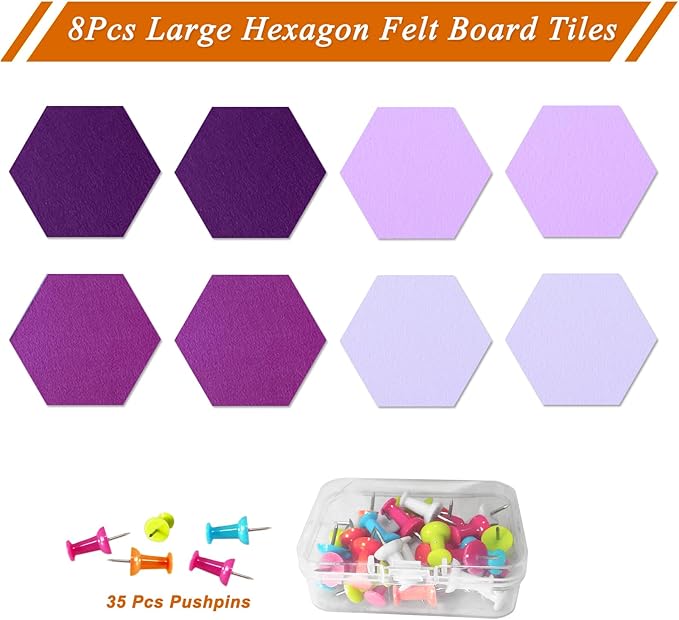 Large Hexagon Felt Cork Board Tiles, Self Adhesive DIY Felt Bulletin Board Pin Board with 35 Pushpins for Office School Home Wall Decor Stickers Memos Photos Display(Gradual Purple)
