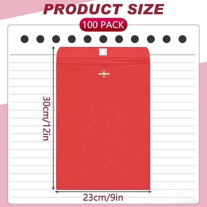 Geyee 100 Pcs Clasp Manilla Envelopes 9 x 12 Inch Gummed Colored Envelopes for Storing or Mailing for Home Office Business Supplies(Red)