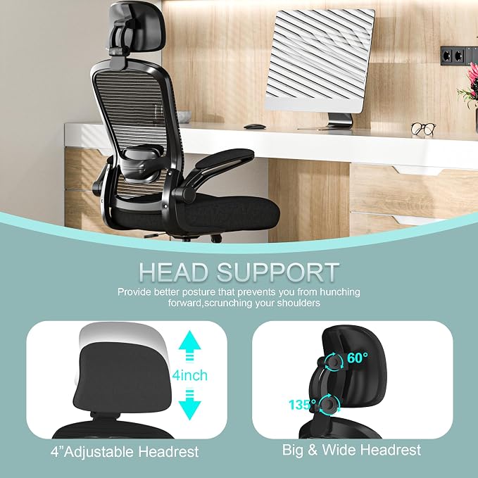 Mimoglad Office Chair, High Back Ergonomic Desk Chair with Adjustable Lumbar Support and Headrest, with flip-up Armrests for Guitar Playing, 5 Years Warranty (Modern, Black(Black Frame))
