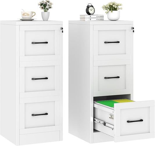 3 Drawer Metal File Cabinet with Lock,Narrow Vertical Filing Storage Cabinets,Steel File Organization for Legal/Letter/A4/F4 Size with Hanging Files,Lockable File Folders for Home Office, White