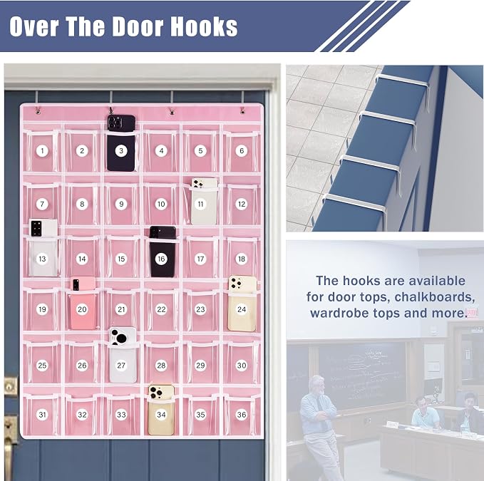 Loghot 36 Clear Pockets Classroom Pocket Charts for Cell Phone Holder | Phone Pocket with 36 Numbered Stickers & 4 Metal Hooks, Wall Door Mount Multi-Purpose Hanging Pocket Organizer for Classroom