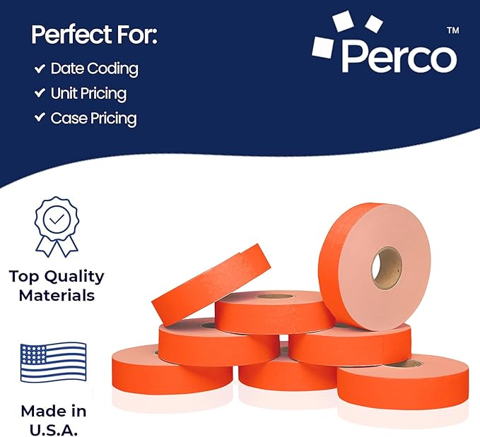 Perco Fluorescent Red Pricing Labels for Monarch 1131 Price Gun - 1 Sleeve, 8 Rolls, 20,000 Price Marking Labels - with Ink Roll Included
