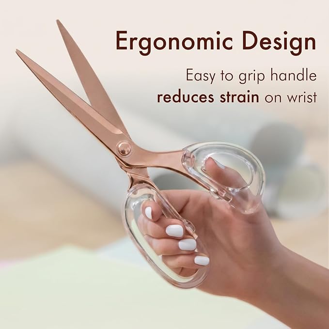 9” Stainless Steel Acrylic Scissors, Clear with Rose Gold Metal | Aesthetic and sharp all purpose scissors, Perfect for sewing, arts, and crafts, Stationery tools for office, and school
