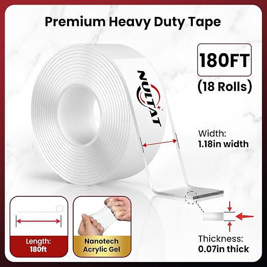 NULTAT 180 FT Double Sided Tape Heavy Duty, 1.18" x 120" Nano Double Stick Tape, Removable, Washable, Reusable Adhesive Tapes for Wall, Clear Multipurpose Two Sided Tape(180 Feet)