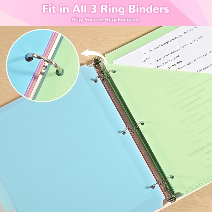 SUIN 5-Tab Binder Dividers with Pockets - Heavy Duty Plastic Dividers for 3 Ring Binder, Letter Size Poly Page Separators with Tabs & Label Stickers, Diamond Texture, 5 Pastel Colors, 1-Pack