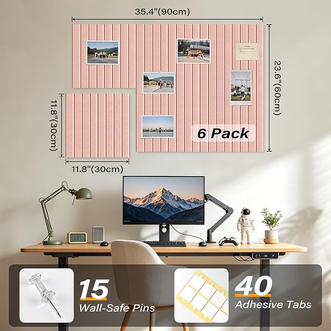 Large Felt Bulletin Board,36"x24" 6 Pack Cork Board Alternative-Pink | Felt Wall Tiles for Office & Home Decor,Pin Board for Walls with 15 Pcs Pushpins and 40 Adhesive Tabs
