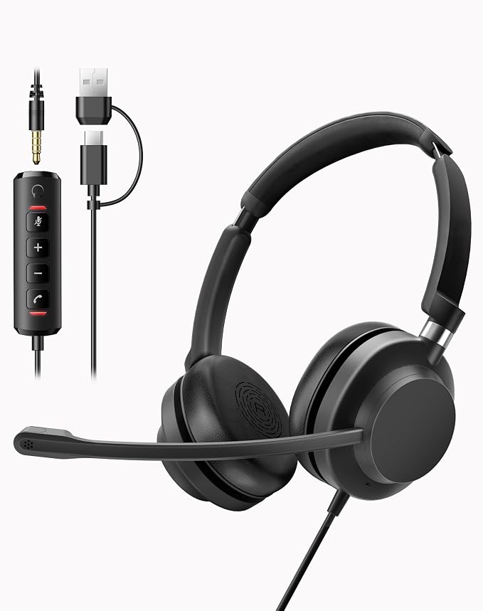USB Headset with Microphone for PC/Office/Call Centers/Home | Computer Headset with Volume Control & Mic Mute,Compatible with Teams/Zoom/Skype