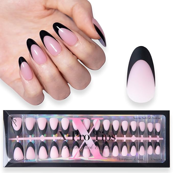 SXC Cosmetics French Tip Press On Nails 150 Pieces in 15 Sizes Ultra Fit with Pre-applied Tip Primer and Base Coat, No Need to File Fake Nails for Nail Art DIY X-Pro Tips (BLACK115-M Almond)