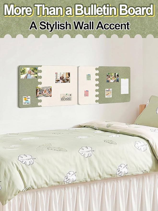 2Pcs Thickened Felt Bulletin Board for Home Office Wall Decor, 23.6x15.8in | Create a Comfy, Personalized Office, 2-Tone Vision Pin Board with Pins & Nano Tapes, Cork Boards Alternative, Sage/Camel