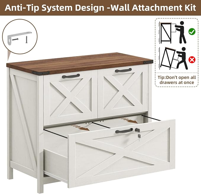 Halitaa 3 Drawer Farmhouse Lateral File Cabinet, Rustic White and Brown | Lateral Filing Cabinet with Lock for Letter/A4/Legal Size, Large Wood File Storage Cabinet Printer Stand for Home Office