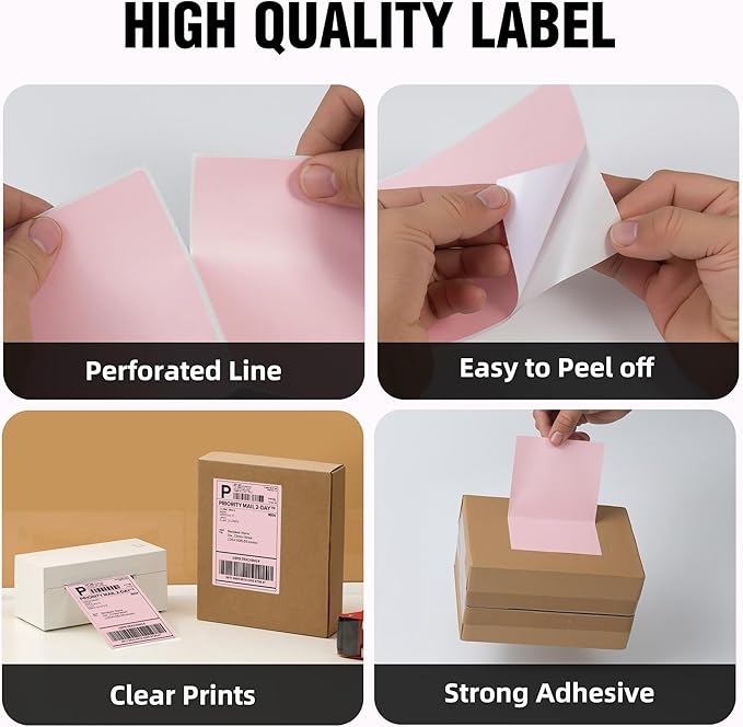 4"x6" Pink Direct Thermal Labels, 500 Fanfold Shipping & Address Label Paper, Self-Adhesive Stickers for Thermal Printer, 1 Stack