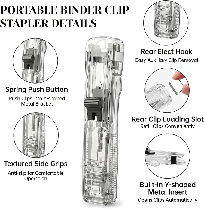 6 Pcs Portable Binder Clip Stapler with 300 Reusable Clips, Mini Stapler | Damage-free, No-drilling, Reusable Clam Clip 6 Colors, Handheld Paper Clam Clip Dispenser for School Office Fixing Documents