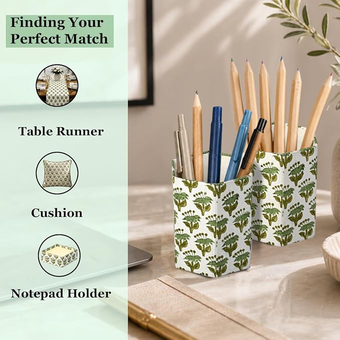 CPC Emerald Green Block Print Cotton Pen Holder Set of 2 | Boho Makeup Brush Holder Floral Pencil Cup Girls Kids Durable Stand Desk Organizer Storage Floral Office Supplies, Classroom