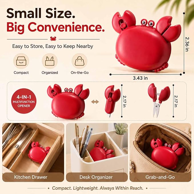 Crab Fridge Magnet 4-in-1 Bottle Opener, Box Cutter & Scissors | Compact Plastic and Stainless Steel Multi Tool for Opening Packages, Cutting Paper, Kitchen, Office, Dorm and Travel