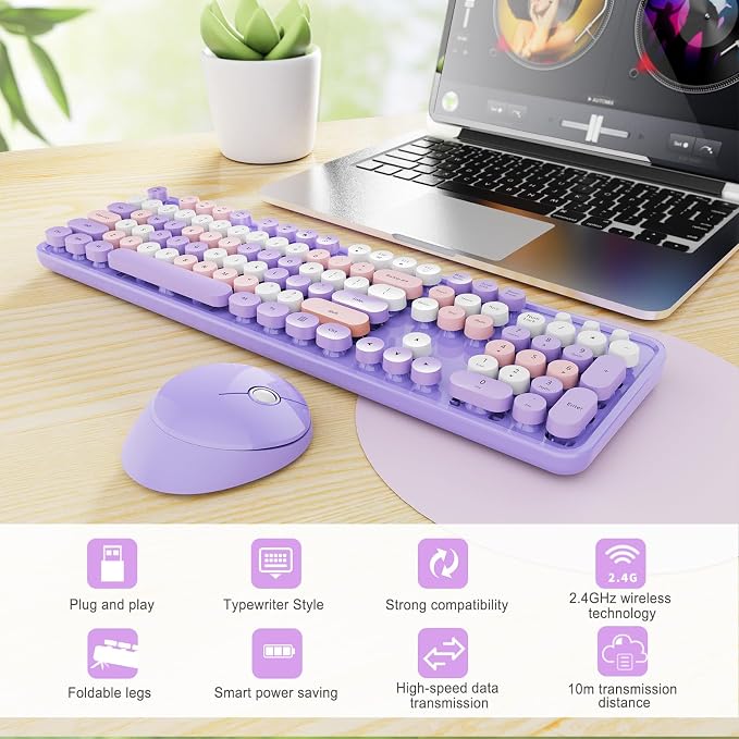 SkyGive Wireless Keyboard and Mouse Combo, Ergonomic Full Size Typewriter Retro Round Keycaps Keyboard, Compatible with Windows, PC, Perfer for Home and Office Keyboards (Lavender Purple