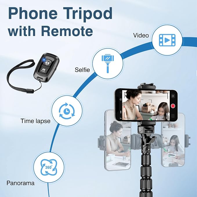 72" Tripod for iPhone, Phone & Camera Travel Tripod Stand with Remote, Compatible with Smartphone/Gopro