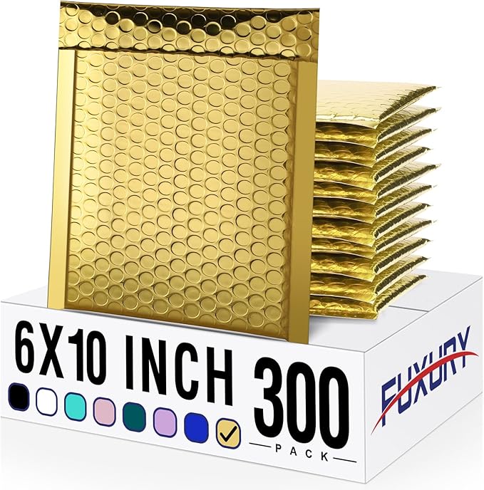 Fuxury Bubble Mailers 6x10" 300 Pack, Strong Adhesion and Thick Metallic Bubble Envelopes,Waterproof Padded Envelopes,Durable Padded Mailers Packing Bag for Jewelry, Makeup Supplies，Bulk #0 Gold