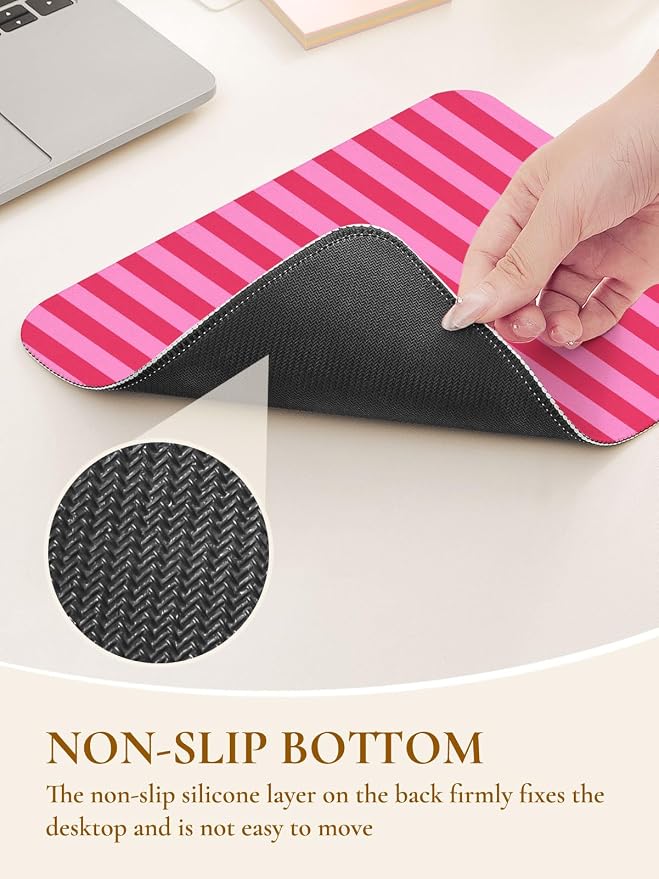 Square Cute Striped Mouse Pad with Stitched Edge, Premium Waterproof Cloth Aesthetic Small Stripe Mouse Mat, Non-Slip Rubber Base Funny Mousepad Desk Accessories,Striped Hot Pink