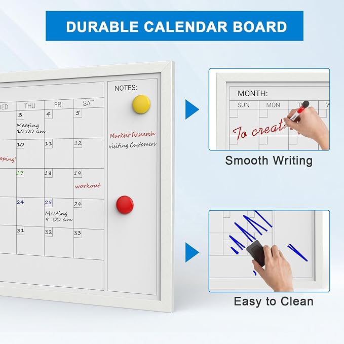 Comix Magnetic Monthly Calendar Whiteboard, 24 x 18 Inches White Wooden | Modern white wood frame magnetic monthly calendar whiteboard, decorative wall planner for home, kitchen, school and office