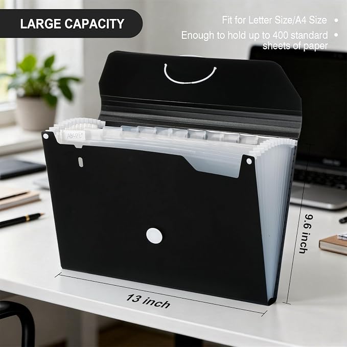 Comix Accordion File Organizer, 13 Pocket, Black | Expanding File Folder, A4/Letter Size Documents, Includes Labels, For Office, Home, School