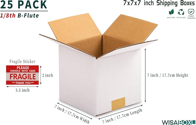 7x7x7 inch Shipping Box for Coffee Mug, Candle, Craft, 25 Pack | White 7 x 7 Small Cardboard Box for Business Mailing, Packing, Moving, Storage, with Fragile Stickers