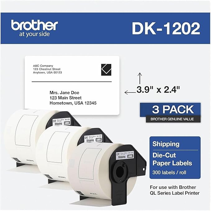 Brother Genuine DK-12023PK Die-Cut Shipping Paper Labels, Long Lasting Reliability, 300 Labels Per Roll, (3) Rolls per Box, White (DK12023PK)