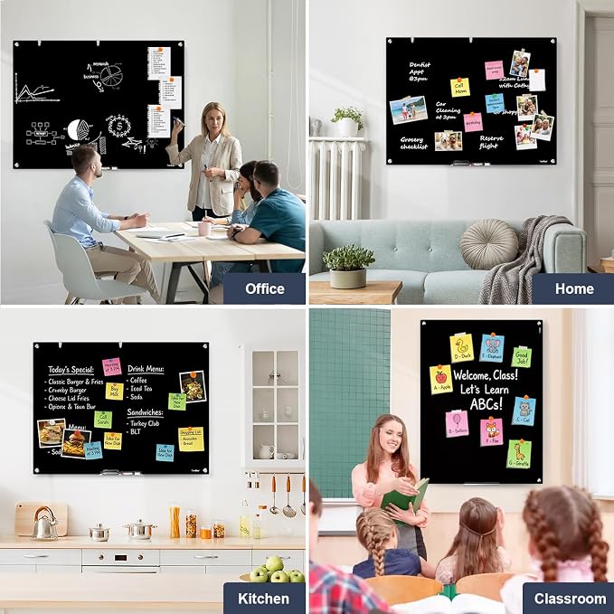 Glass Whiteboard 48x32 Black Magnetic White Board Dry Erase Board for Wall | Magnetic Surface, Dry Erase, Large Frameless Glass Whiteboard, Ideal for Office Home School Classroom Kitchen