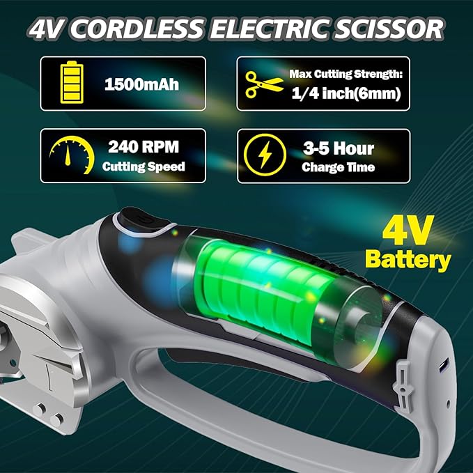 Cordless Electric Scissors, 4V Rechargeable Box Cutter & Cardboard Cutter with Titanium Blade, LED Light, Safety Lock - Rotary Cutter for Fabric, Leather, Carpet, Plastic, Crafting, Sewing (Grey)